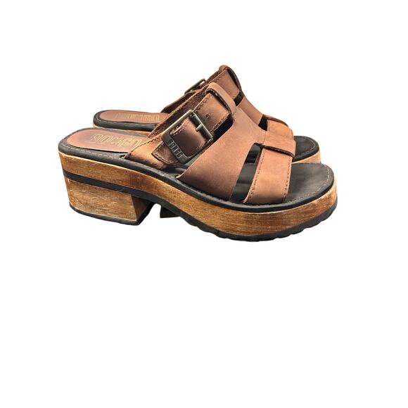 VTG Bongo Chunky Platform Wood Leather Heeled Sandals Y2k Leather 90s Brown SZ 8 - Picture 1 of 11